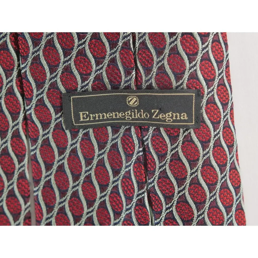 Ermenegildo Zegna Silk Tie Mens Red Burgundy Wavy Geometric Italy 3.75